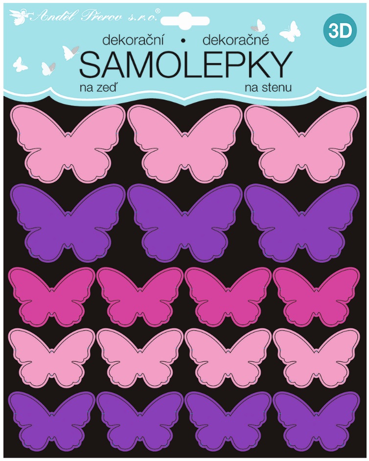 Samolepky na zeď 3D růžovofialoví motýli 2 archy 35 ks 25x16 cm+25x25cm