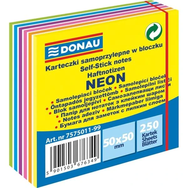 Samolepicí bloček Donau - 50 x 50 mm, výrazné neonové barvy, 250 lístků