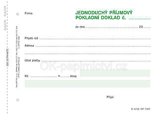 Příjmový pokladní doklad OP1067, A6, jednoduchý