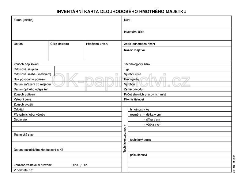 Inventární karta HIM A5 - OP 1018