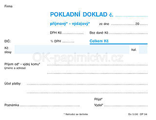 Univerzální pokladní doklad OP1093, A6 100 listů, samopropisovací, nečíslovaný