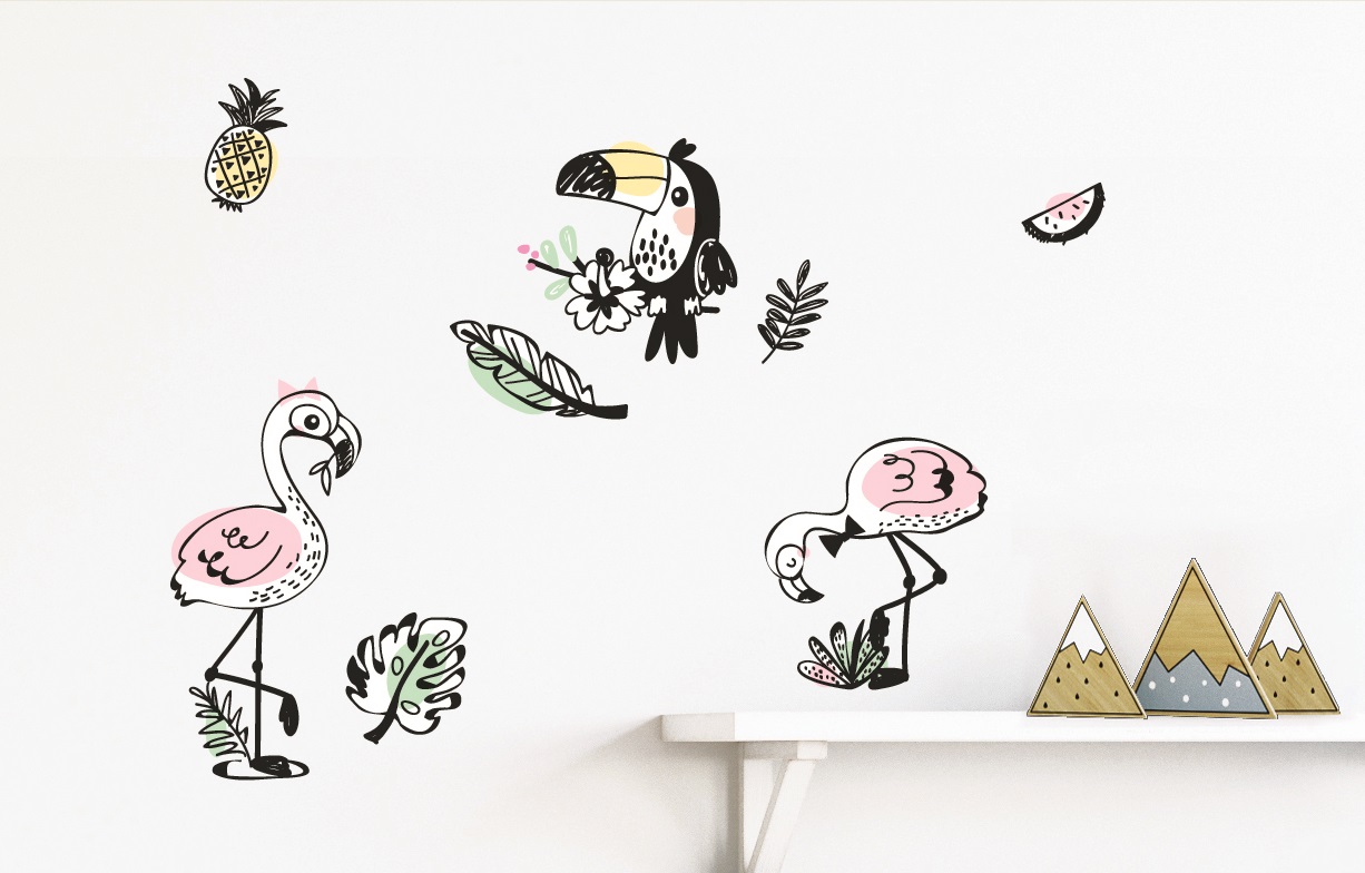 Samolepka na zeď plameňáci a tukan 24 x 42 cm