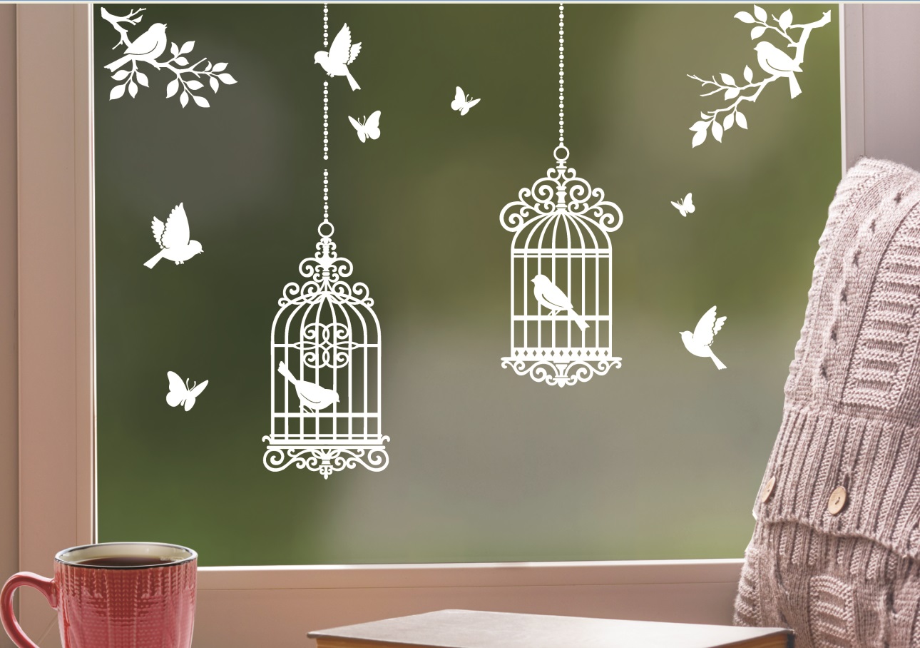 Samolepky na zeď bílé ptačí klece 27,5 x 41 cm