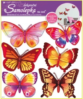 Samolepky na zeď motýlci žlutí a růžoví hologram,30,5x30,5cm