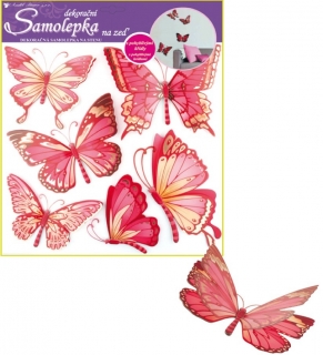 Samolepky na zeď 30,5 x 30,5 cm, růžoví motýli s pohyblivými křídly